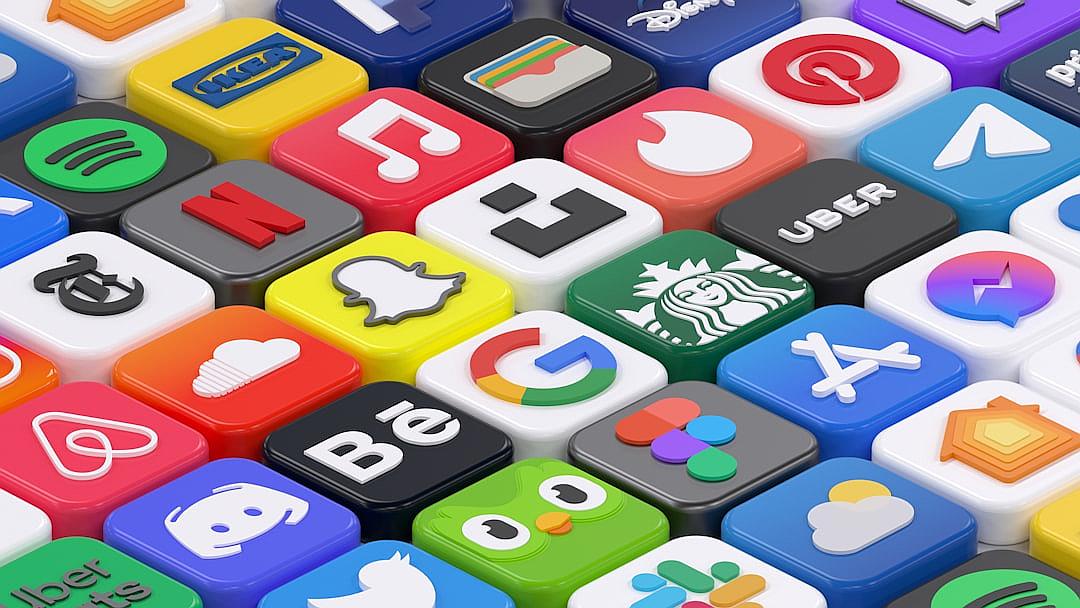 A collection of app icons for the most well known marketing and social media logos, arranged in a grid pattern on top of each other. This 3D render features colorful, high resolution icons with bright colors and vibrant, glossy details. The hyper realistic isometric view shows the icons on a white background with no text or letters. The style is similar to octane rendering.