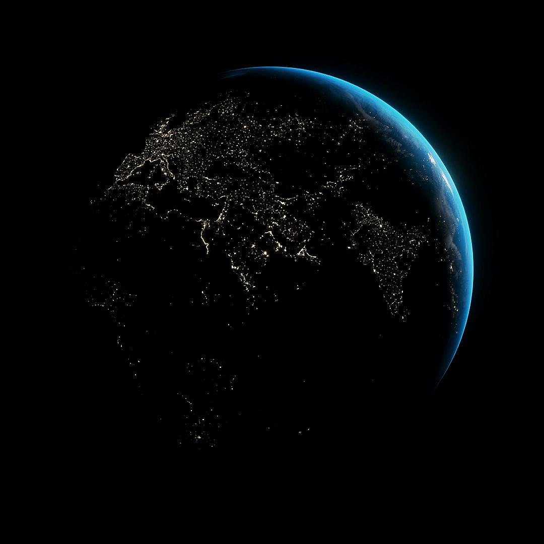 The earth glowing at night, showing the lights of city and country areas, on a black background, with high resolution, high quality, and high detail in a hyper realistic style.