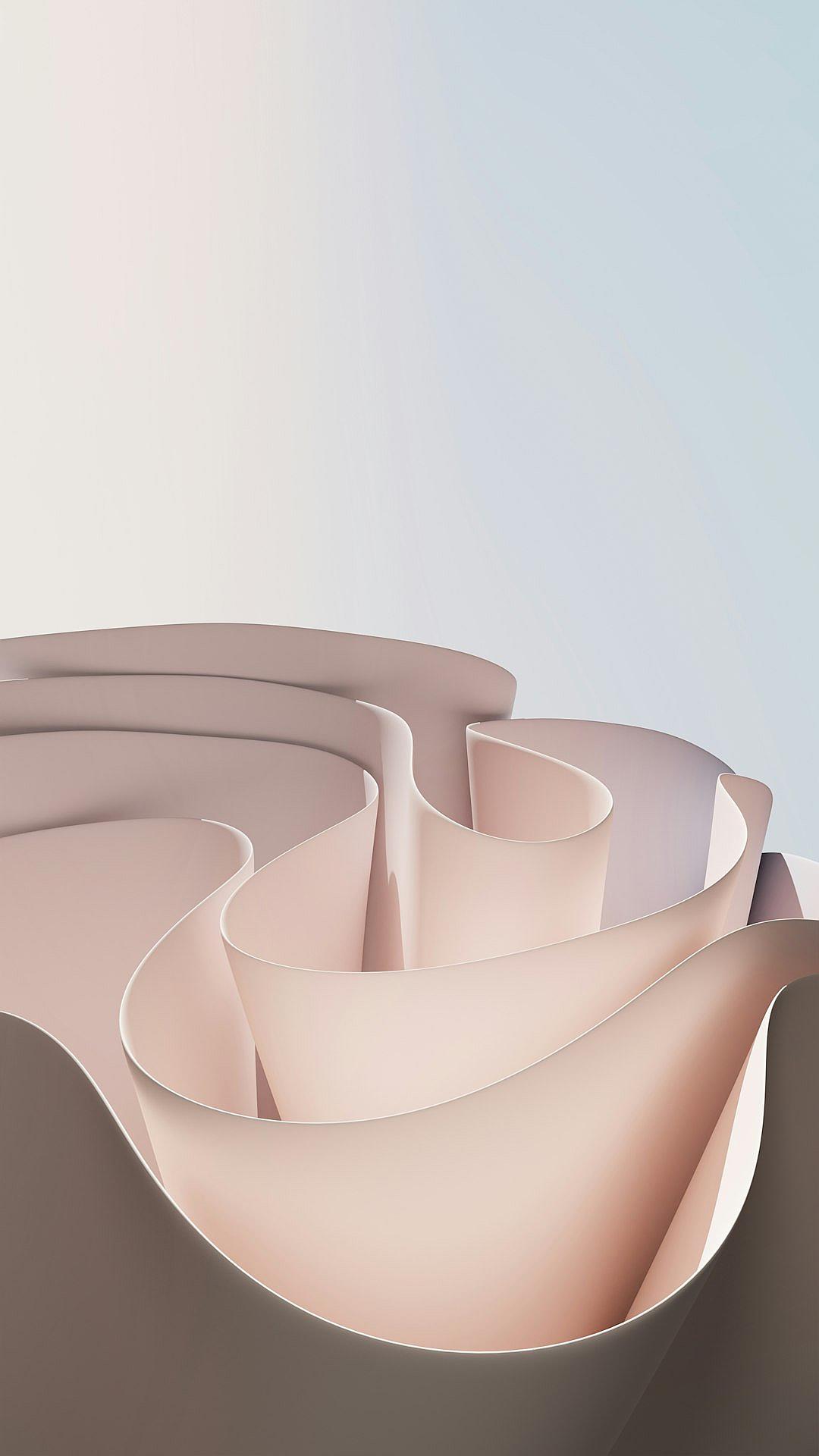 A threedimensional abstract background, roseshaped paper cutout, light pink and beige colors, curved lines, minimalist style, white space on the top of each side, smooth curves, high resolution, C4D rendering.