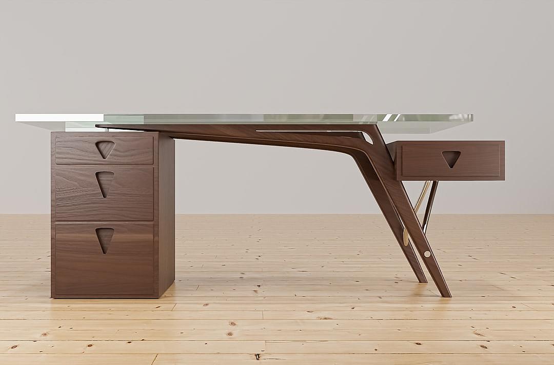 A desk with an abstract design, featuring walnut wood and glass top materials. The table has three drawers on one side and is placed against the wall in front of it. It stands alone without any other furniture nearby, set within a light-colored wooden floor. This is a product rendering showcasing its sleek lines and modern aesthetic in the style of an abstract designer.