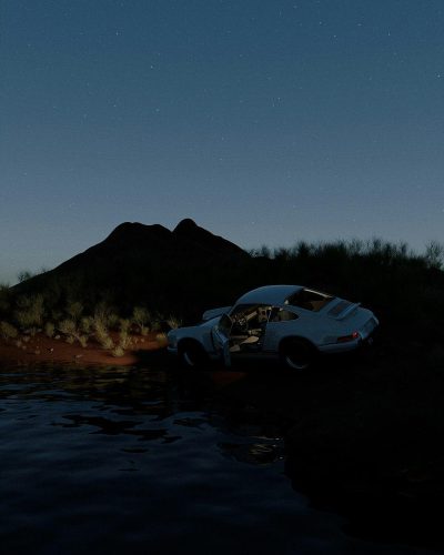 A white Porsche in the desert, night scene, lake reflection, black mountain background, minimalist composition, low angle shot, Unreal Engine rendering, by [Wes Anderson](https://goo.gl/search?artist%20Wes%20Anderson).