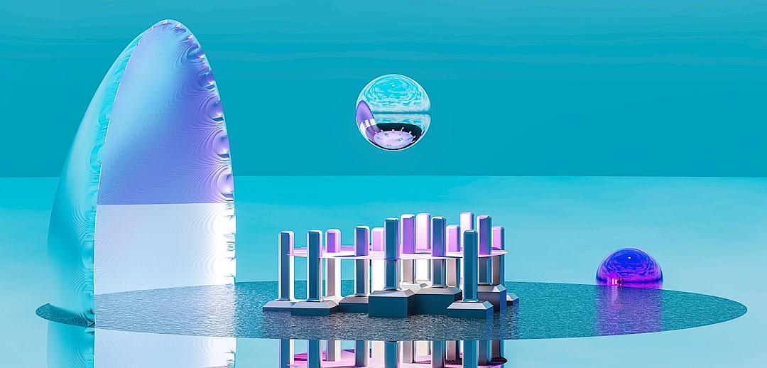 A futuristic minimalist composition of an abstract floating platform with metallic pillars and holographic elements, creating a surreal atmosphere in shades of blue and purple. The scene includes a transparent sphere containing another digital object. This minimalistic design is set against a background of light turquoise water, in the style of a digital artist.