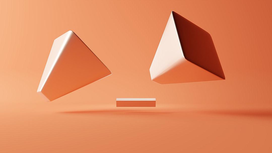 Two simple shapes floating in the air, triangle and cube on peach background, simple geometric shape, minimal concept of branding with only two elements, orange color palette, natural light, high resolution photography, high quality details, high sharpness, f25mm, 30 megapixels, hyper realistic photography