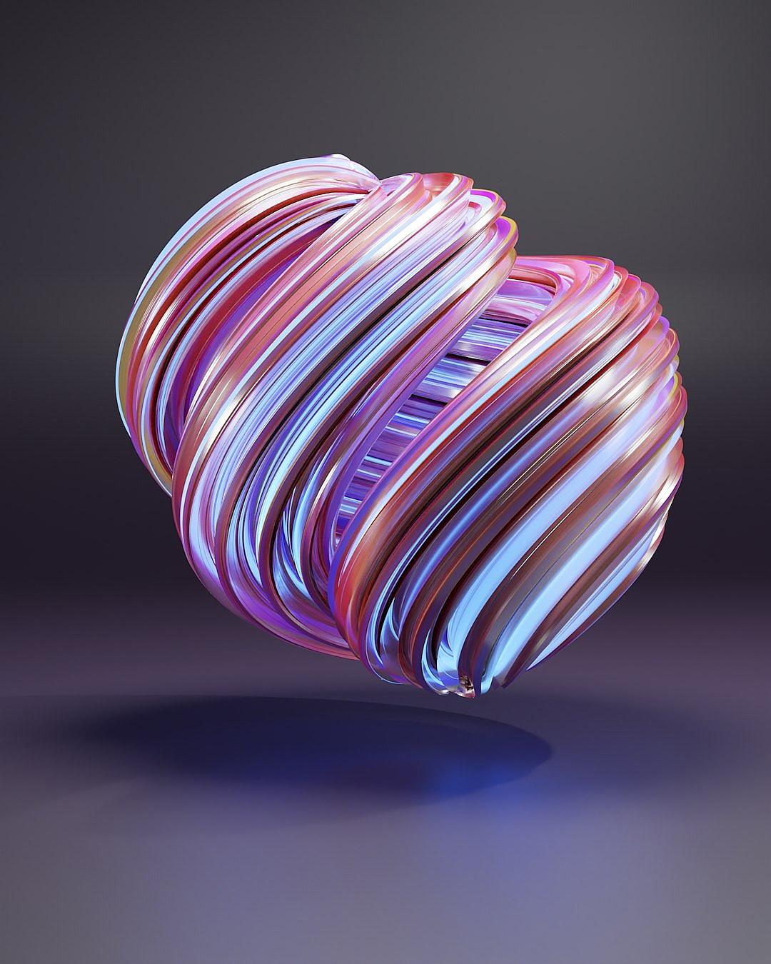 A twisted, colorful abstract object resembling an O-shaped ball with striped and gradient colors on a dark background. The object is floating in the air, illuminated soft lighting that casts gentle shadows around it. It has smooth curves and highlights to give depth and dimension, creating a sense of motion or fluidity. This design would be suitable for creative backgrounds, graphics, and digital art, combining vibrant color with dynamic shapes in the style of abstract expressionism.