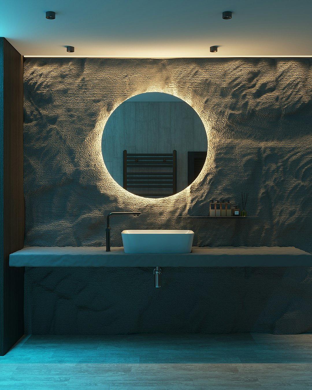 Bathroom with wall in the form of an abstract relief made from sand, there is also round mirror on it and sink above the countertop, there’s blue light coming out from under the cabinet lights, front view, ultra realistic photography