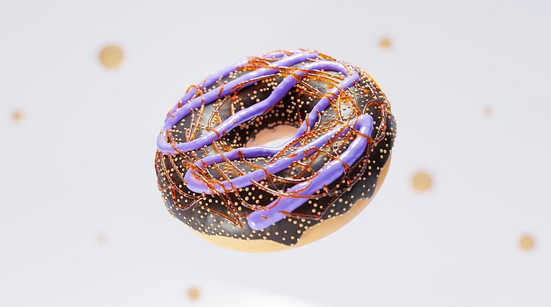 3D render of a floating donut with purple and brown icing on a white background with black outlines and golden sprinkles on top, in the style of an Asian artist.