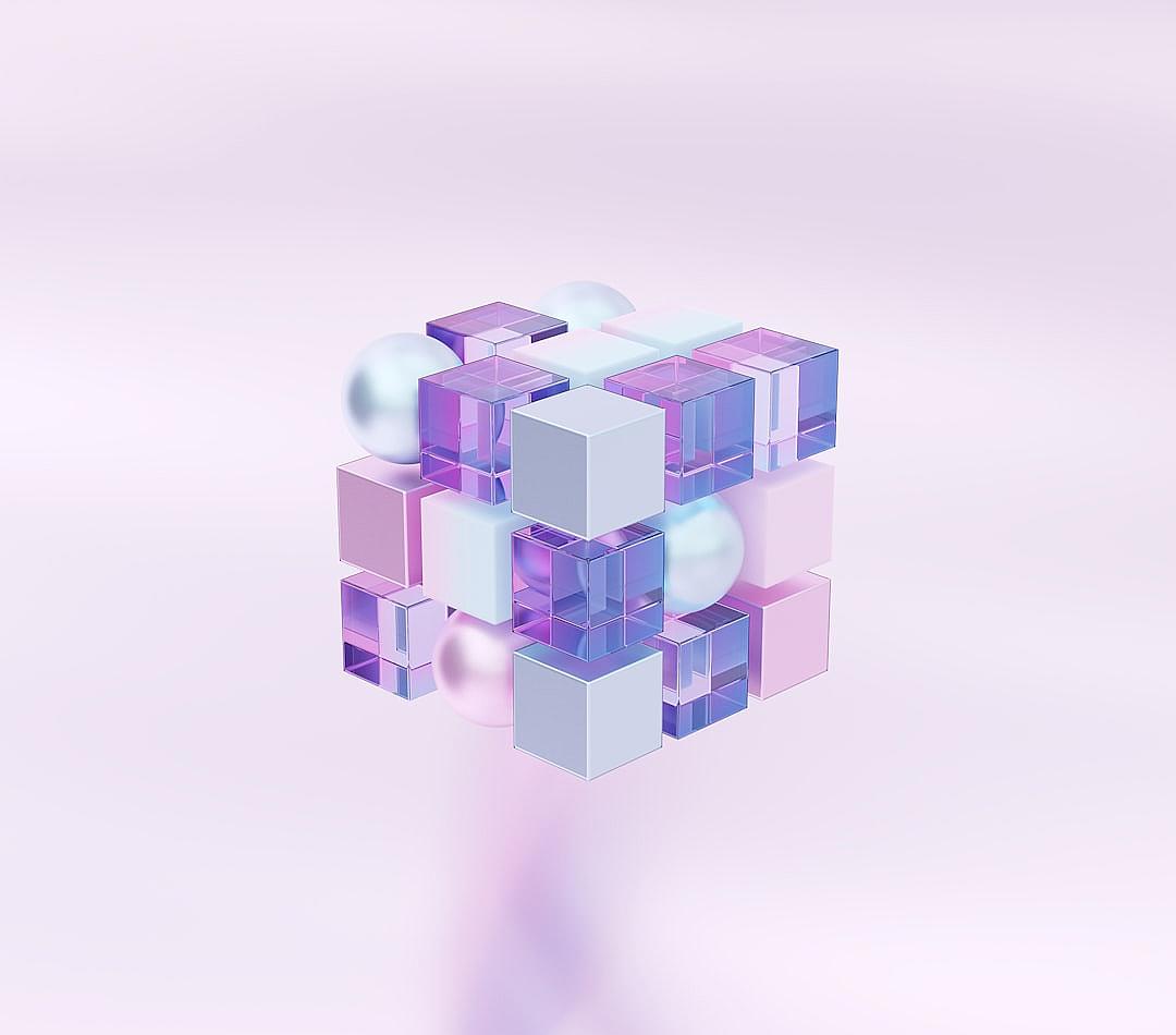 A minimalistic isometric cube made of glass and plastic in pastel purple tones with a white background. The cubes form an abstract composition. In the center there were two spheres that reflected light. A simple minimalistic scene with soft lighting and a pastel color palette.