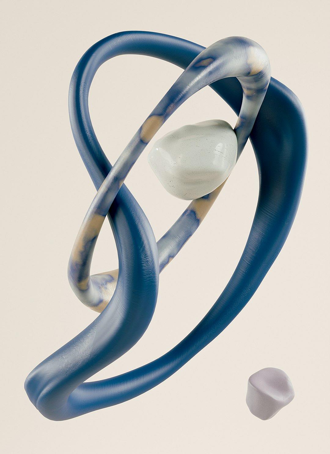 A blue and white matte inflatable abstract shape, a simple glass marble sculpture with a light purple color scheme, featuring an open form that has been slightly twisted into the shape of two intertwined circular lines, with a small round plastic object floating next to it on its side. The background is beige, and there’s no shadow in front of it., focus stacking, artistic style, minimalism, monochrome, smooth curves, and minimalist artistry.