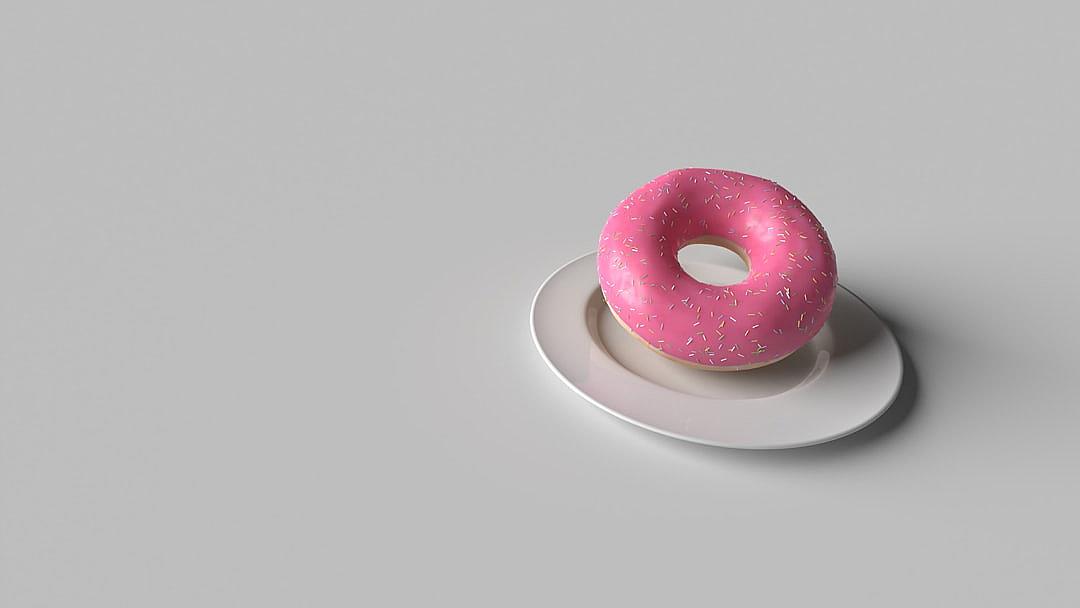 3d render of pink donut on white plate, solid grey background, minimalist, cute