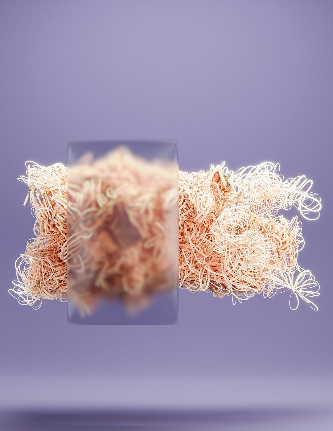 A piece of food in the shape of long curly hair floating on purple background, with some glass cubes next to it. The style is a photorealistic installation. It features light pink and white color scheme, made from woolen yarn material, with soft lighting and a solid colored background. In closeup shots, there’s no depth of field. A small amount of smoke float up.