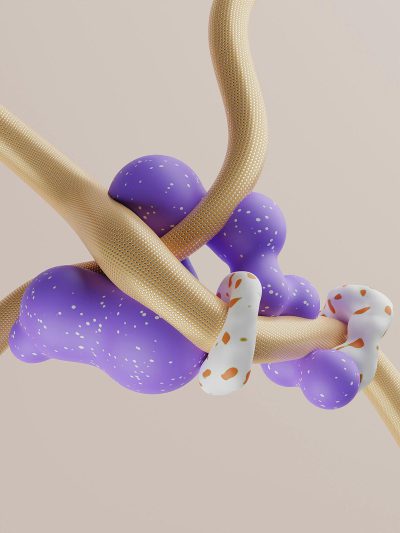 A photorealistic closeup of an abstract, playful design featuring soft purple and beige colors with white speckles. The composition includes curved lines that resemble tentacles or cables intertwining with two large spheres resembling balloons or water droplets. There is also some texture on the surface to give depth. It's set against a light background which makes the colors pop out even more. This style would be suitable for creative designs or graphic projects in the style of soft, playful colors and curved lines intertwining spheres.