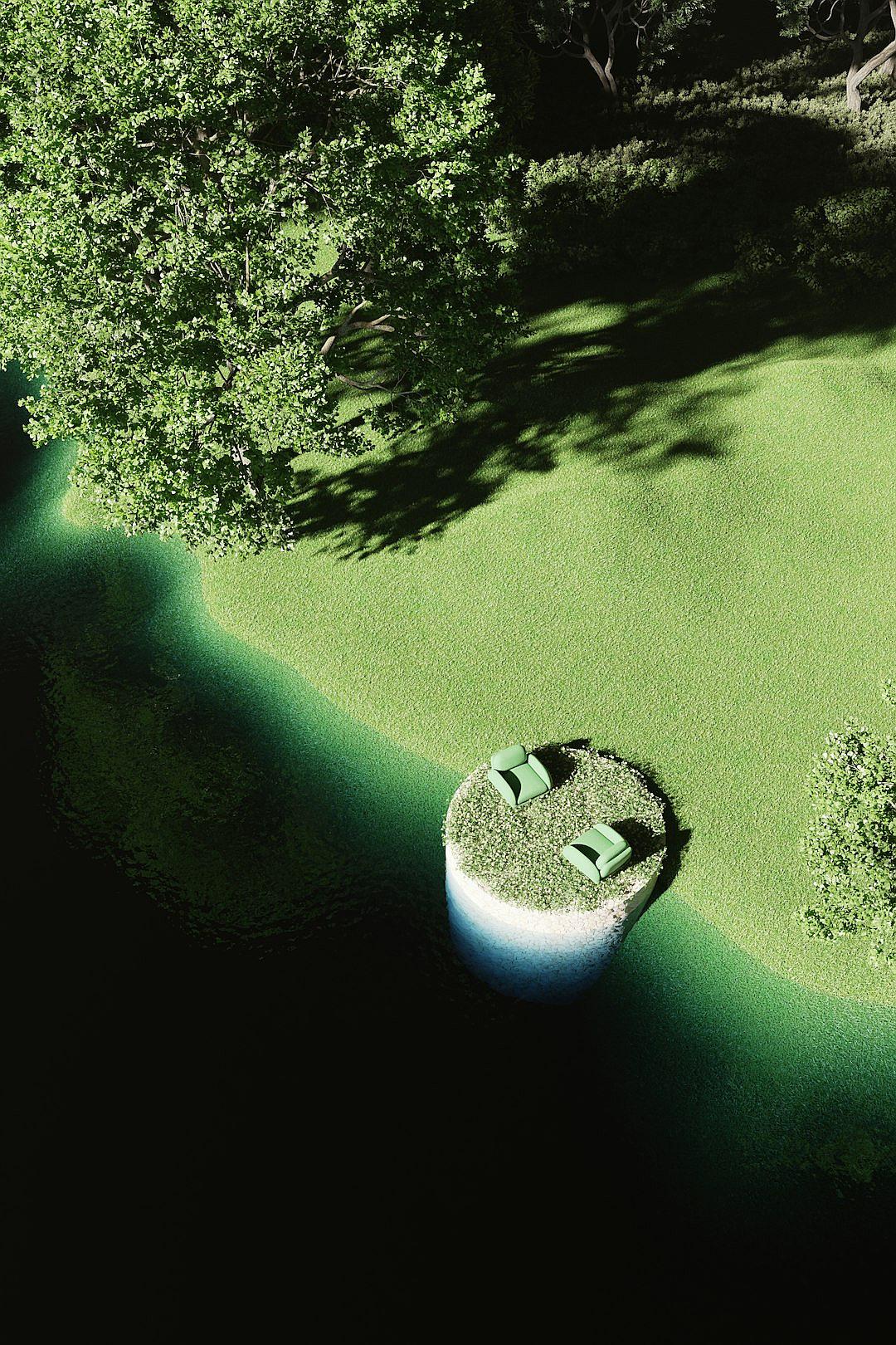 An aerial view of the grassy island in a Moonlit Backyard in the style of [Frieke Janssens](https://goo.gl/search?artist%20Frieke%20Janssens), with lush greenery and shadowed trees casting long shadows on its surface. The water is calm as it reflects sunlight, creating ripples that add movement to the scene. In the center stands an empty lawn chair, bathed in soft light from above. This tranquil moment captures nature’s beauty and serene atmosphere, inviting viewers into a peaceful backyard setting.