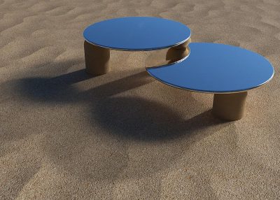 Two round blue tables on top of sand, with golden legs, one table is bigger than the other, in the style of [Tadao Ando](https://goo.gl/search?artist%20Tadao%20Ando), in a desert landscape, cinematic, octane render, vray tracing.