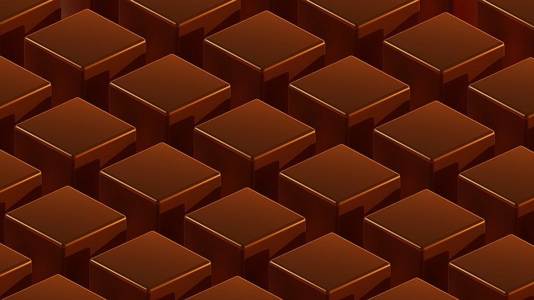 A seamless pattern of chocolate bars, each in the shape of a square cube and colored uniformly, arranged to create an isometric perspective with perfect rows and sharp edges. The background should be a solid brown for contrast, and the overall design must convey elegance through its symmetrical arrangement and uniformity. This pattern would make a striking wallpaper or backdrop that captures attention, in the style of minimalist geometric abstraction.