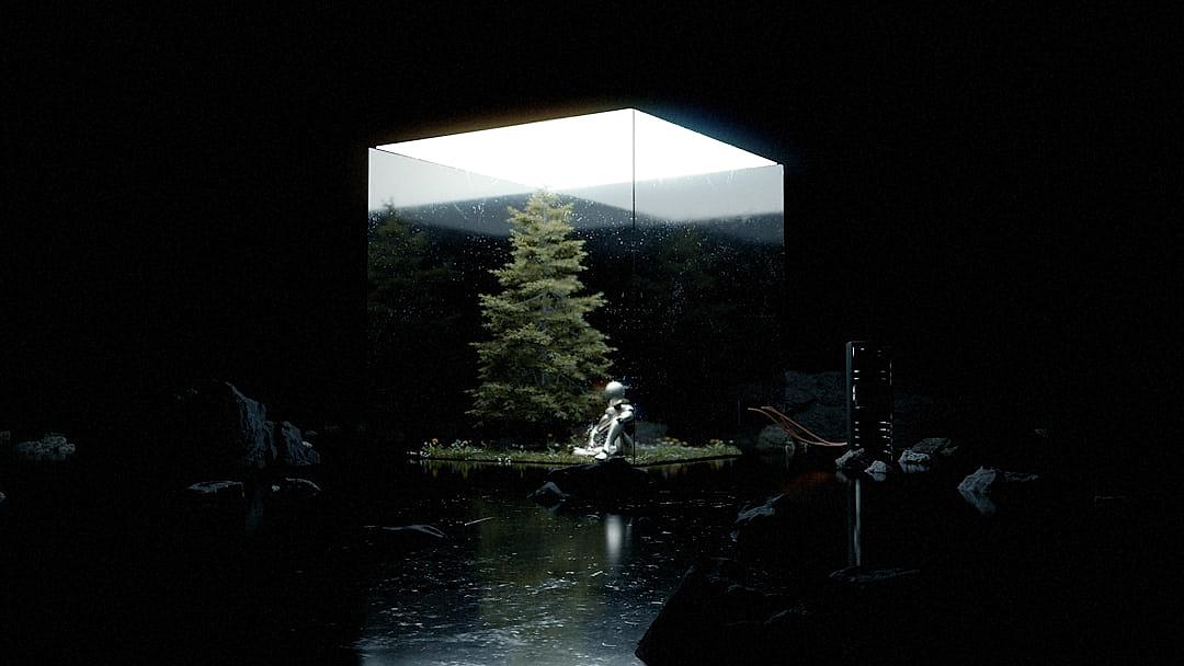 A dark room with an open square white box in the center, inside of which is a humanoid robot holding onto two trees stacked on top of each other and standing at water level. The scene takes place behind glass, which highlights its luminosity. A black background around it creates a contrast between light and darkness. In front there’s a small pond that reflects all these elements. There was no lighting from outside, only illuminating within through the transparent walls.