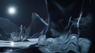 A mysterious alien landscape under the moonlight, with silhouettes of ice-covered mountains and a lone crystal formation in focus. The scene is captured from an extreme low angle, creating a sense of scale between Earth's terrain and otherworldly beauty.