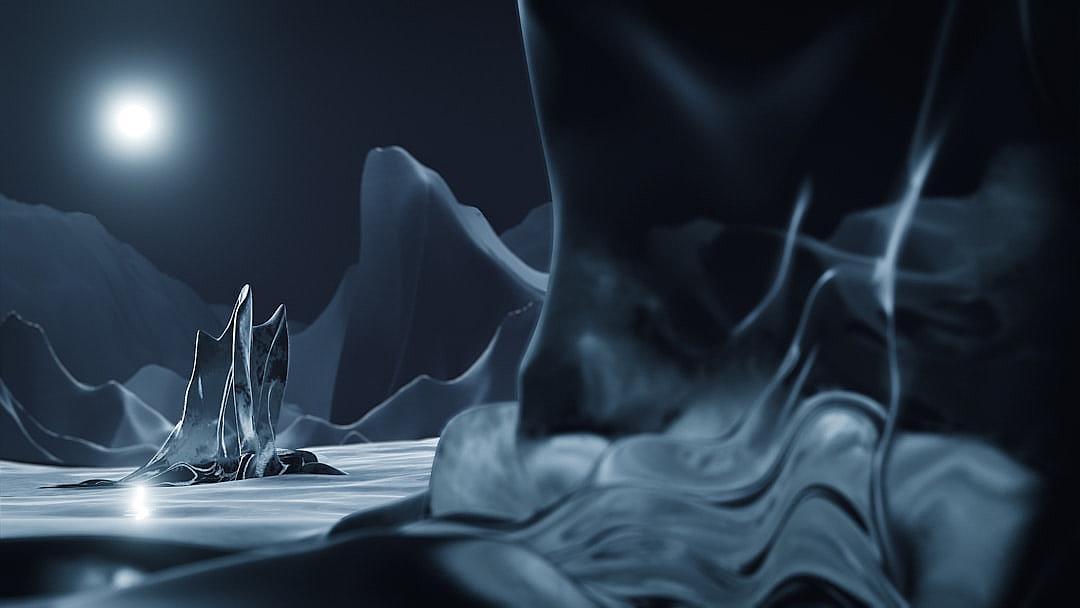 A mysterious alien landscape under the moonlight, with silhouettes of ice-covered mountains and a lone crystal formation in focus. The scene is captured from an extreme low angle, creating a sense of scale between Earth’s terrain and otherworldly beauty.