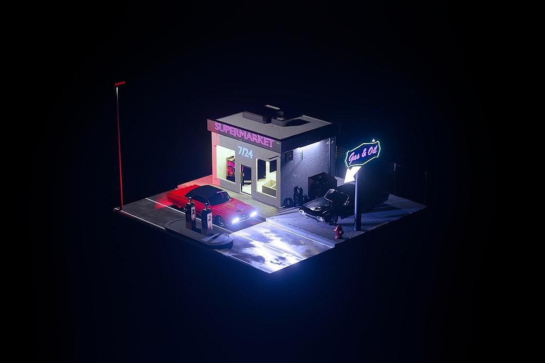 isometric view of an abandoned gas station with neon sign “superNeverland”, night, red car in the parking lot, low poly, simple shapes, low resolution pixel art style, dark background