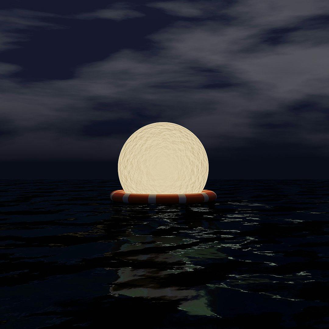 A life raft floating on the ocean at night with an illuminated white sphere in it, in the style of hyper realistic.