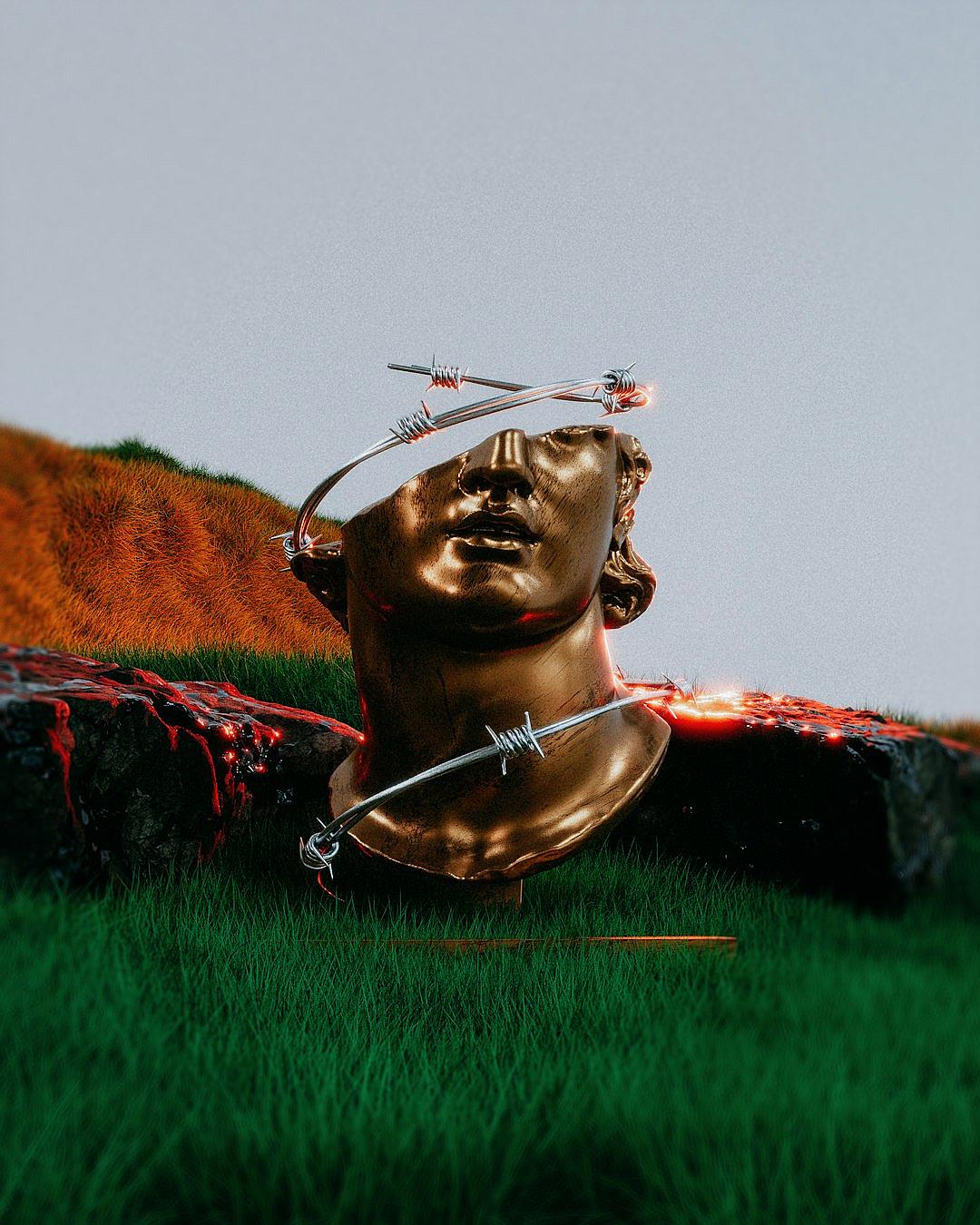 A golden statue of the head and shoulders with barbed wire wrapped around it lies on its side, green grass in front of red rocks, bright background, in the style of hyper realistic photography, cinematic light.