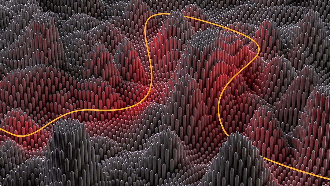 3d render of an abstract landscape made from thousands of tiny red and black dots, yellow path line through the pattern,