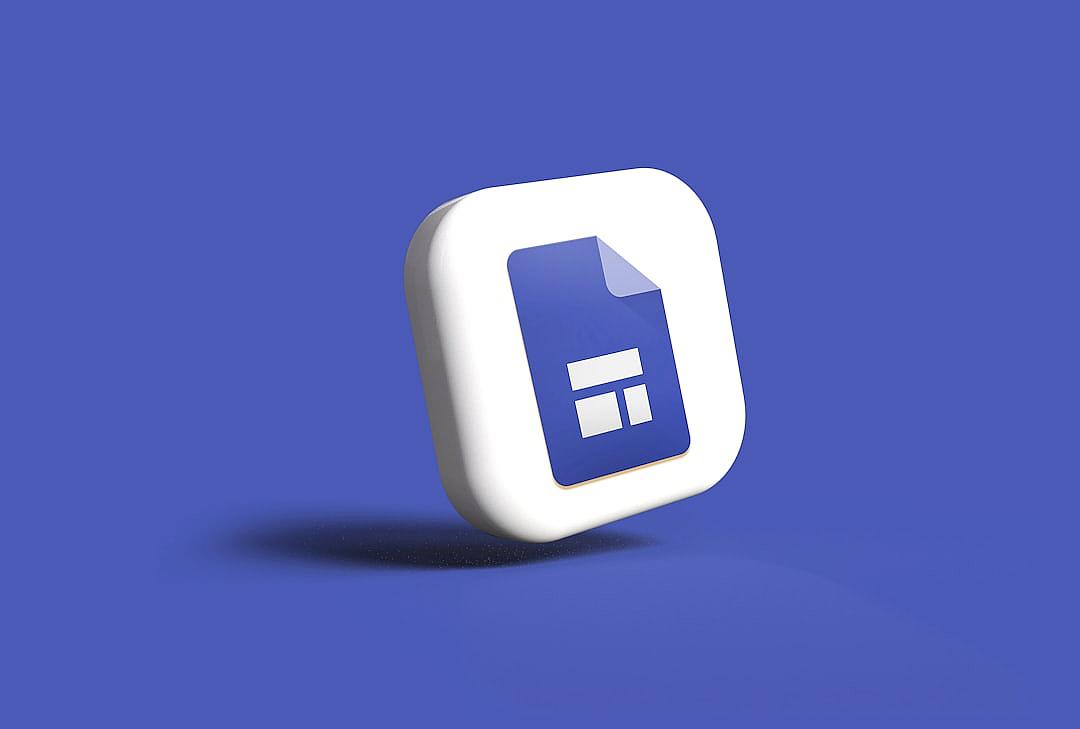 A white icon with blue details depicting the google sheet app floating in air against a deep cobalt background. The design is simple and minimalistic, focusing only on essential elements to convey its essence. It has soft shadows that add depth without being excessive. There is no text or other decorative items present.