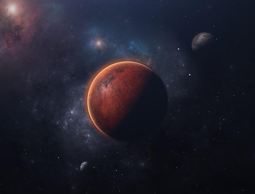 a distant red planet in space, surrounded by stars and two moons, realistic