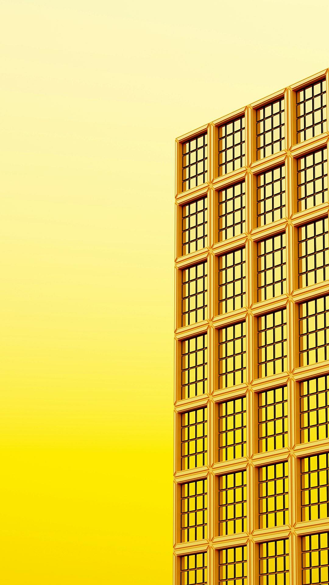 A golden building with grid windows on the right side, yellow gradient background, simple style, flat illustration in the style of minimalism, bright and light color scheme, high details, high quality, high definition photography in the style of octane rendering, HDR, high dynamic range photography, sharp details, high resolution, ultra realistic style.