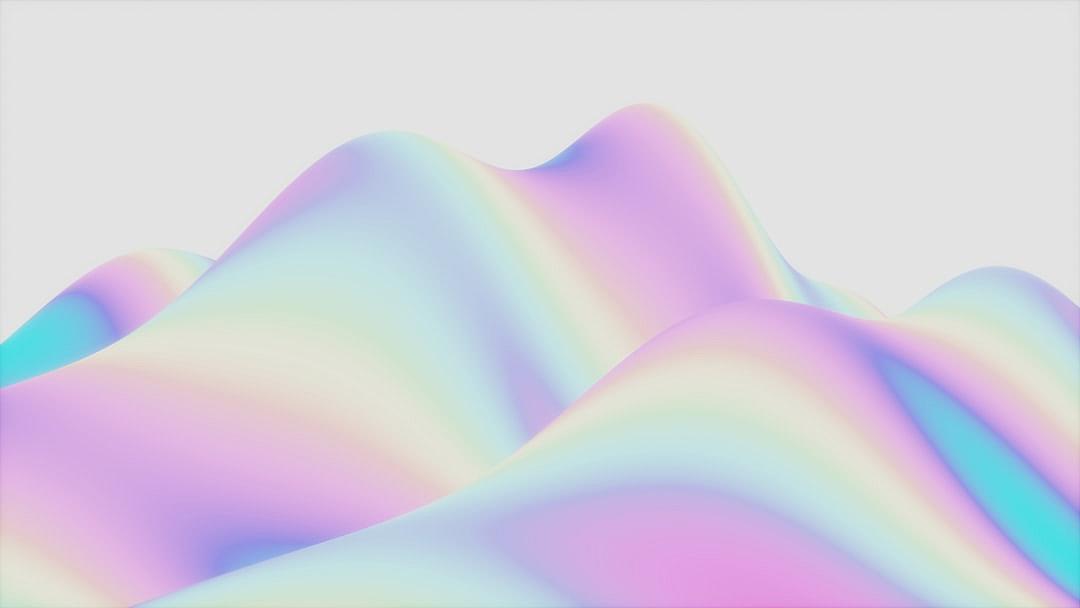 Iridescent holographic pastel colors on a white background with curved hills, in the style of an Asian landscape painting.