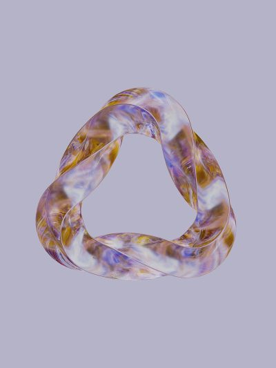 A digital rendering of an isometric view of the infinite triangle, a translucent and delicate band made from glass with swirls of purple and gold color, floating in space against a gray background. The focus should be on capturing the ethereal quality of light passing through it, creating a sense of depth and dimensionality within its intricate structure. This design aims to evoke wonder at how something so simple yet complex can create such mesmerizing visual effects.