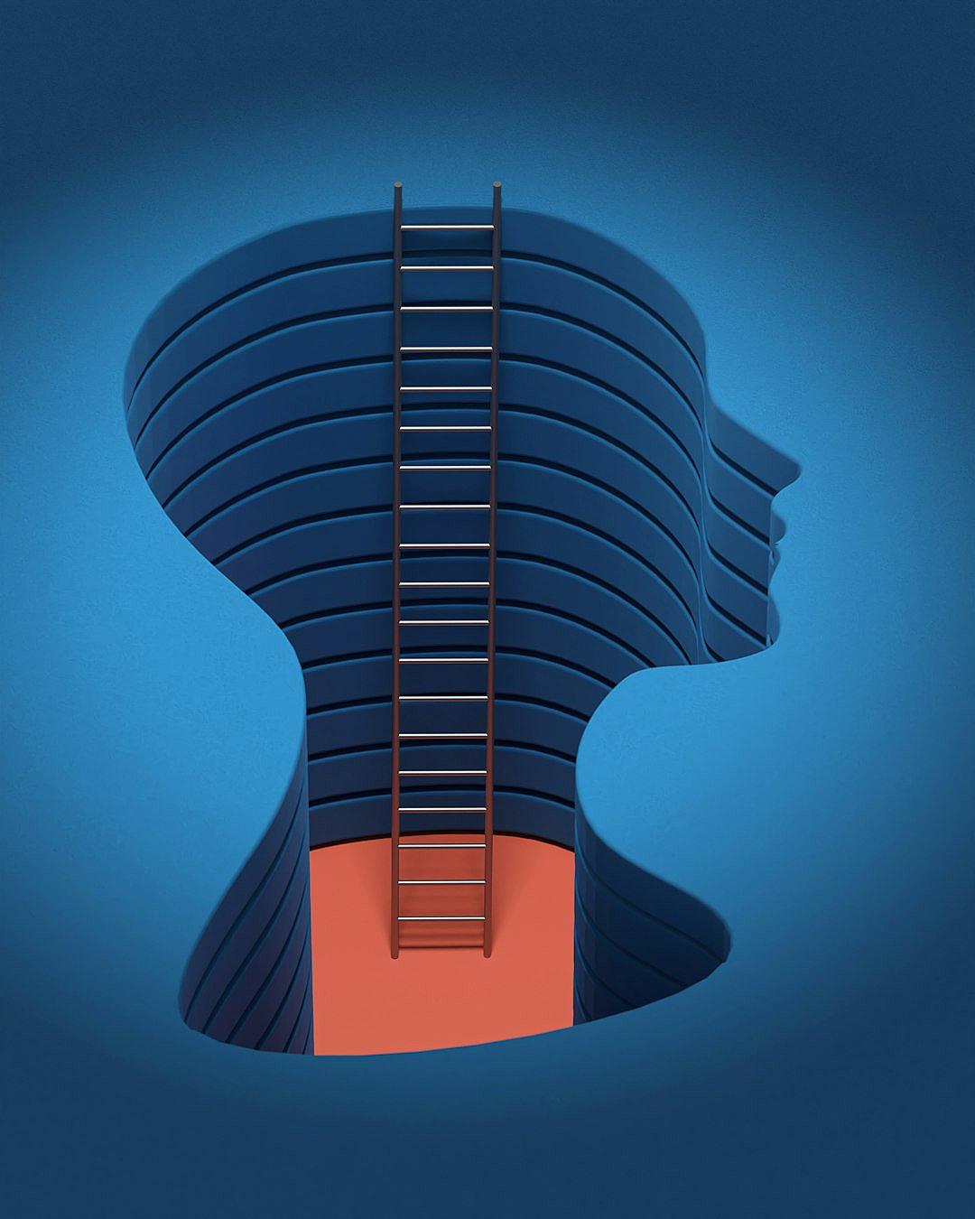 Illustration of a ladder going up in the shape of a head against a blue background, rendered in the style of 3D with minimalism, using dark orange and navy colors featuring simple shapes, resembling modern art, in a vector illustration style, with high resolution, high detail, high quality, sharp focus, and high contrast.