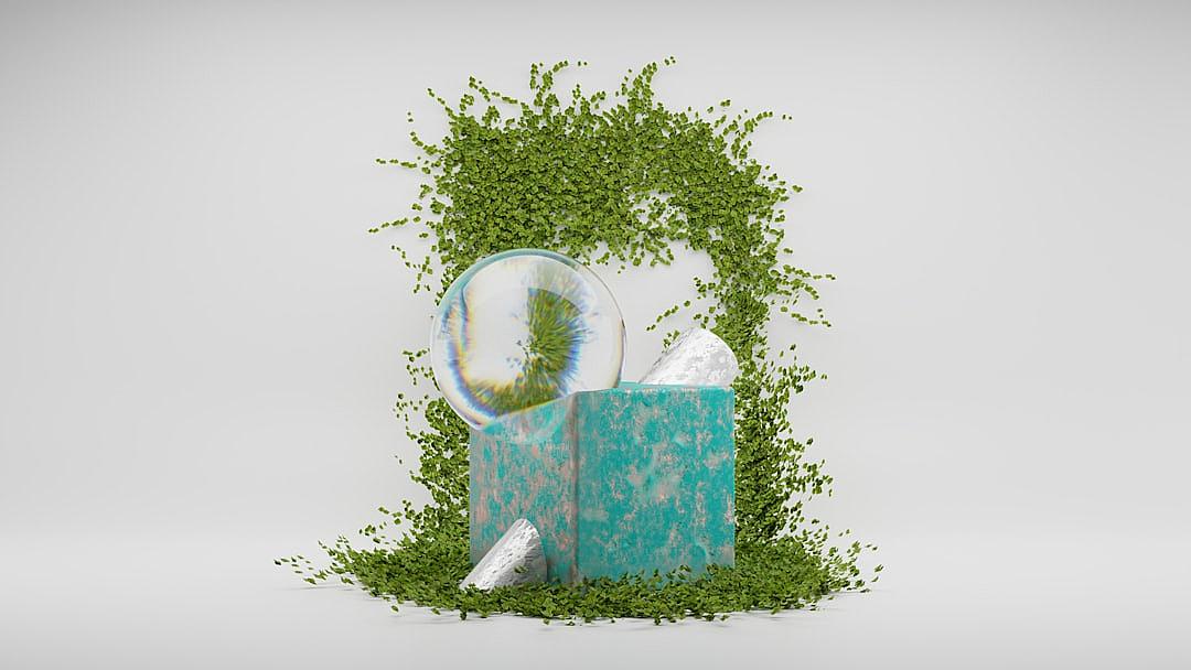 3D render of an open book with a blue and green texture in front, surrounded by plants and plastic waste on a white background, surreal concept art in the style of octane rendering, hyper realistic, high resolution photography, detailed.