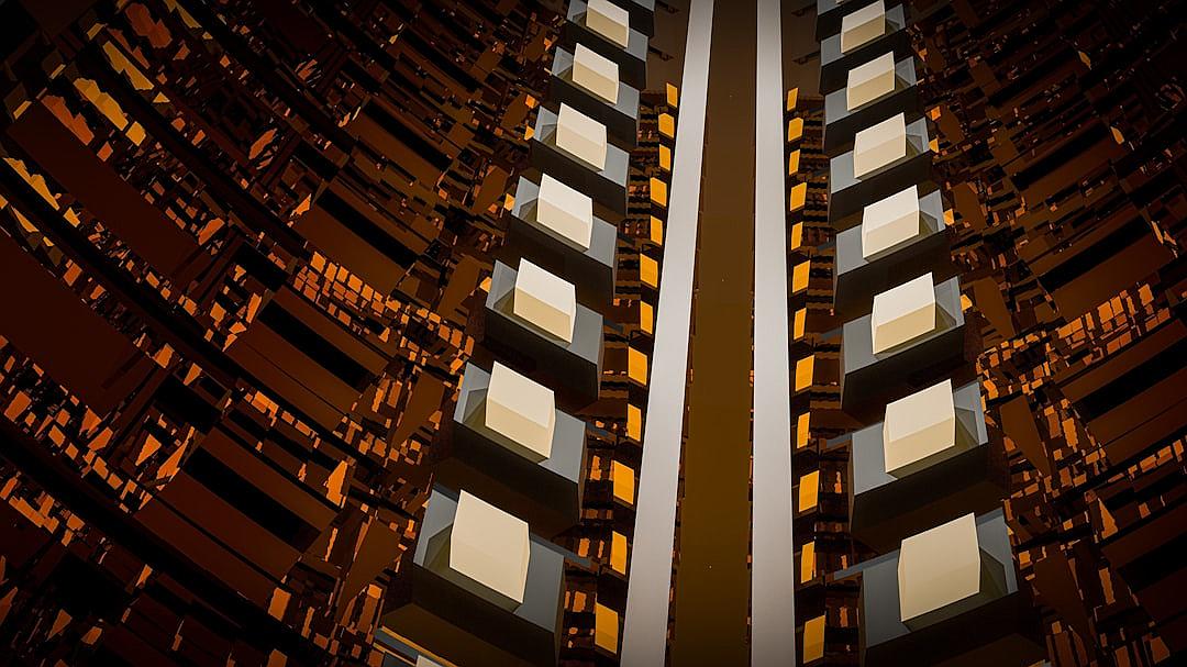 Photorealistic image of the outside view from inside an elevator in a tall building, with orange and brown colors, in a closeup shot, minimalist, symmetrical, cinematic style, with sharp focus, depth of field, using a 35mm lens, upshot angle, low angle, architectural photography, at f/28, with global illumination.