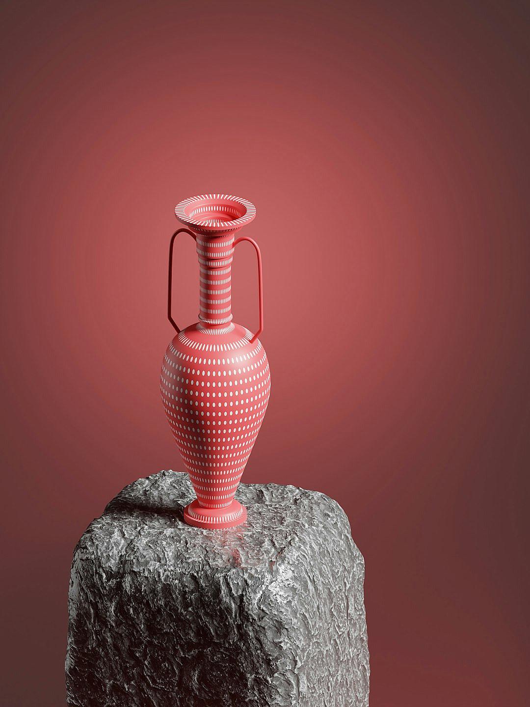 3D render of a red dotted ancient Greek vase on top of a gray rock against a solid color background, in the minimalist style.