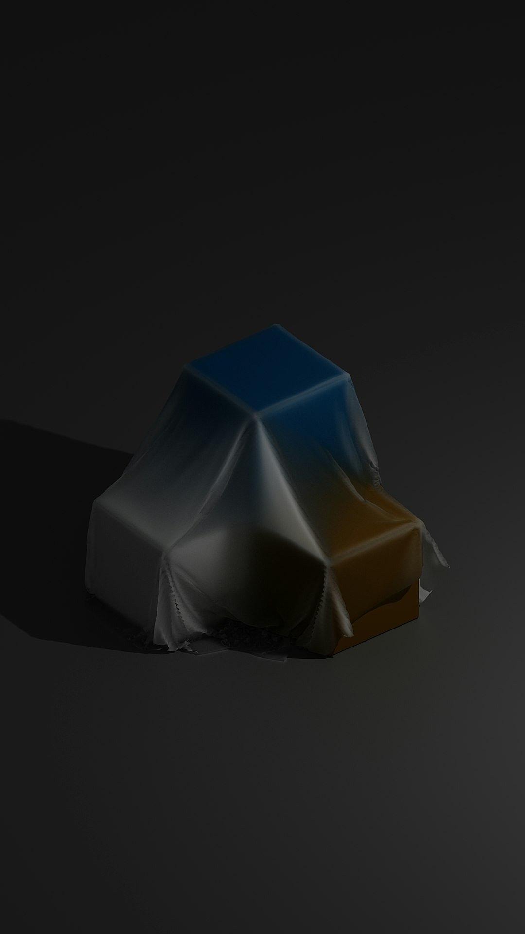 A small car covered with cloth, rendered in the style of cinema4d, isometric view, dark background, high resolution, high detail, octane render, volumetric light, gradient color, white and blue tone, simple environment, low angle shot, ambient lighting, front perspective, soft shadow. The material details of the fabric cover are clearly visible, creating an atmosphere of mystery and intrigue.