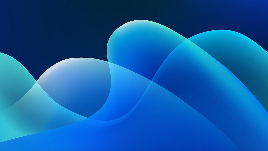 Blue background with a smooth gradient, rounded shapes, simple lines in light and dark blue. Vector illustration in the style of abstract waves, clean and minimalist design, no text or symbols. The image is centered on the screen of an iPhone in landscape mode with a resolution of 750×298 pixels.