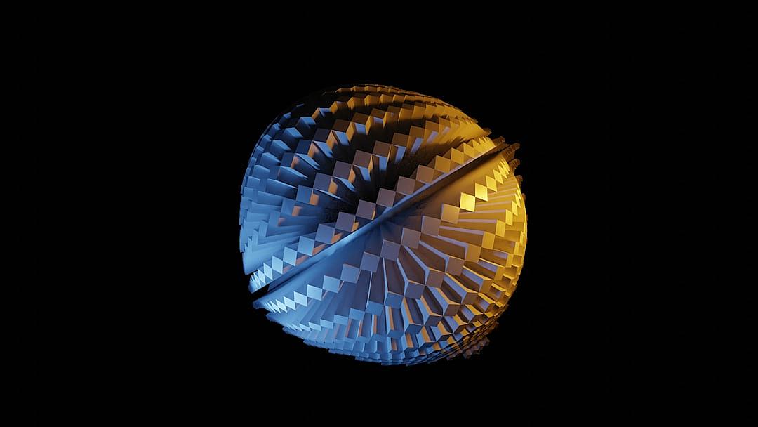 A sphere made of blue and yellow triangles on a black background, 3D rendered in the style of octane.