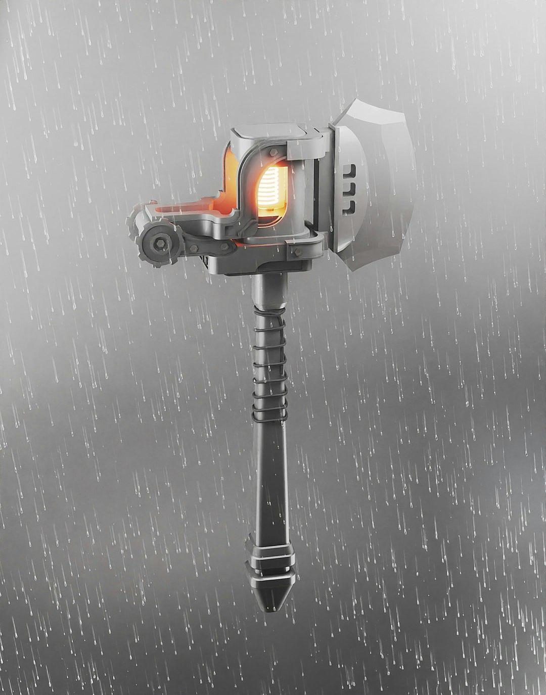 3/4 view of a gray warhammer hammer with laser fire on the head in the style of the metal gear solid game, 2D rendered with a gray background on a rainy day