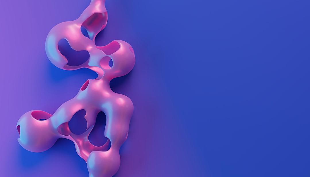 3D render of fluid organic shapes in pink and purple on a blue background, in the style of unknown artist.