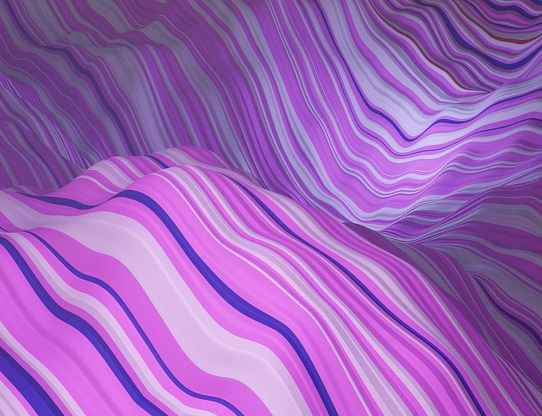 A seamless pattern with digital marbling, where soft purple and pink stripes create an ethereal landscape of undulating waves, their colors blending harmoniously in the background. 3D rendering in the style of C4d for fluidity and detail.