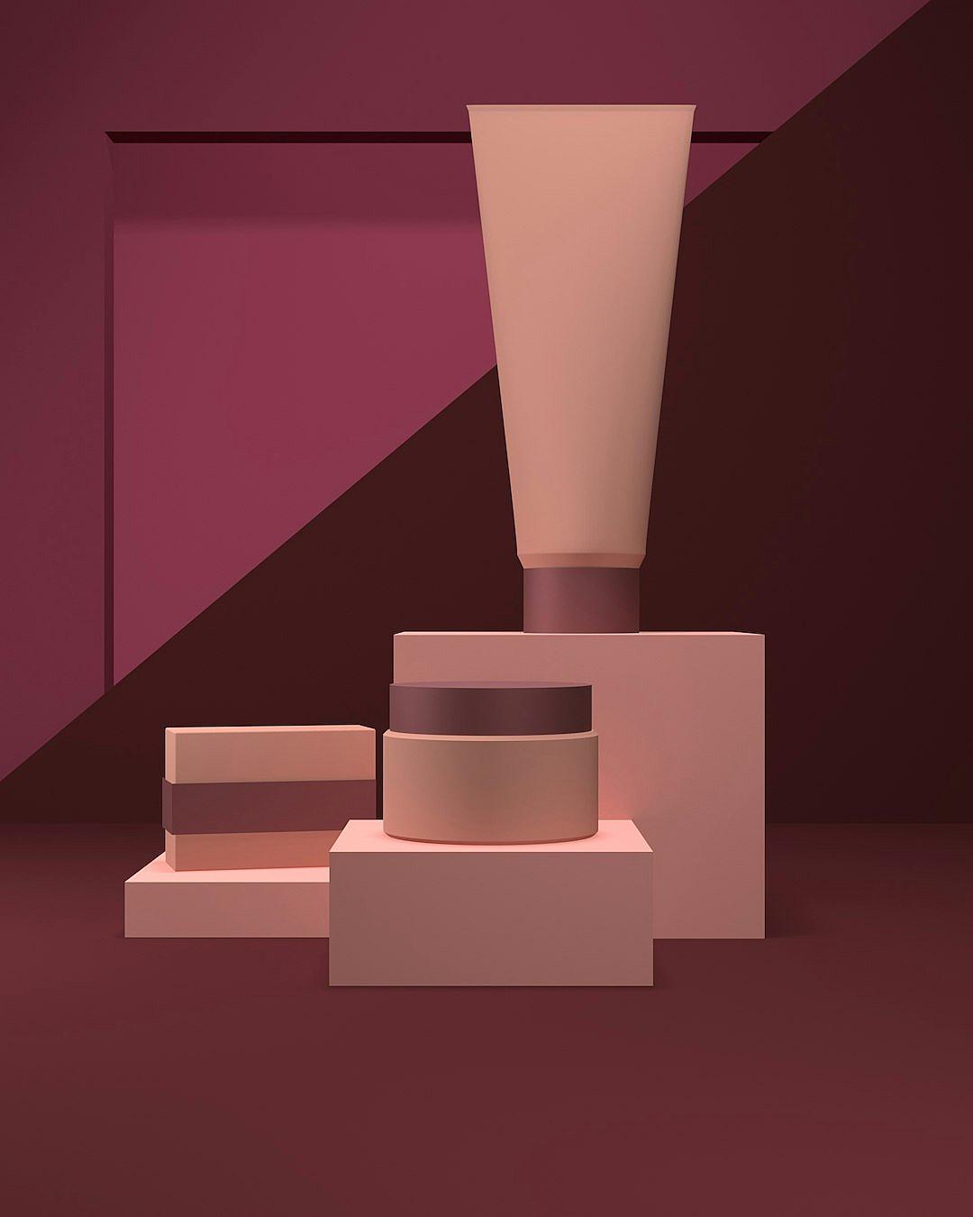 A minimalistic scene featuring three geometric podiums of varying heights, arranged in an abstract pattern on the floor. The background is a deep burgundy color with soft lighting casting gentle shadows across each stage. Atop one podium sits a large tube shaped cosmetic product with a pink matte finish, positioned at eye level. This composition creates depth and space for text or additional elements, making it ideal as a visual backdrop for beauty products or advertising materials in the style of minimalism.