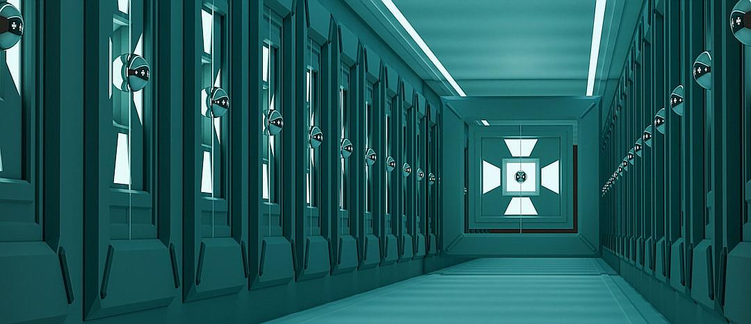 A long hallway with a row of high-tech lockers on the right side, in the style of 3D cartoon, with a teal color theme.