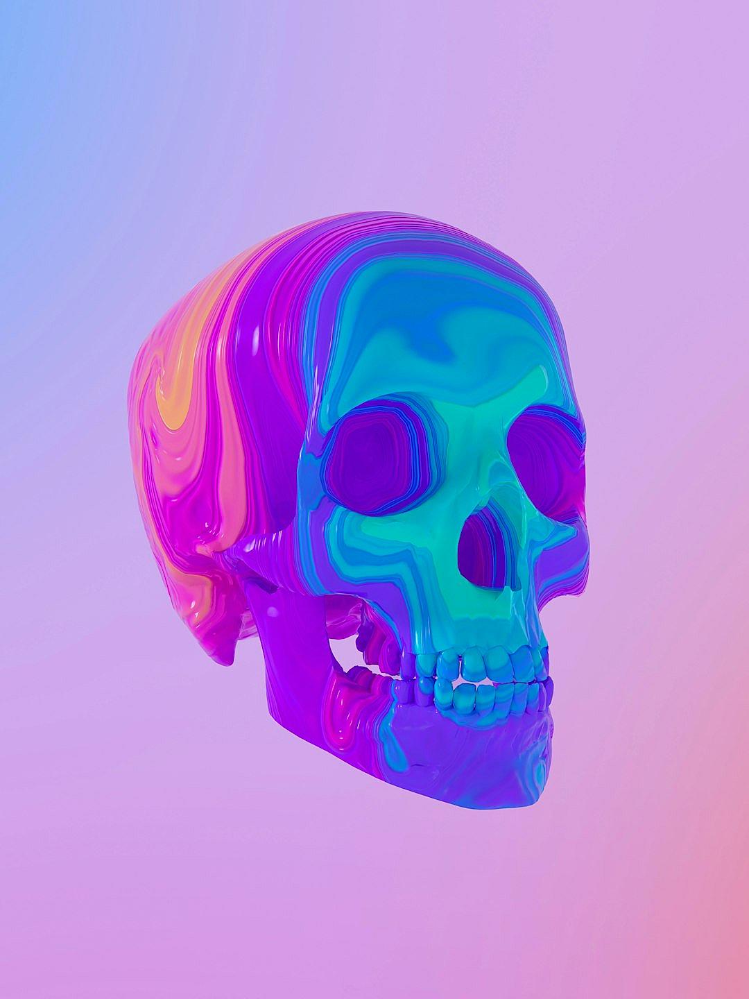 3d skull, neon colors, pastel background, holographic style, simple design, minimalistic, high resolution