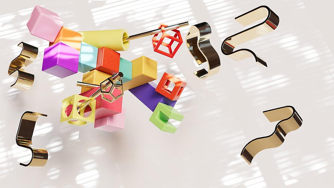 A creative composition of colored paper blocks and metal objects, forming an abstract design on the right side, set against a white background with shadows, creates a visually appealing scene for product presentation or branding concepts. The composition is isolated from all sides, emphasizing its dynamic arrangement in midair. High resolution, in the style of an abstract design.