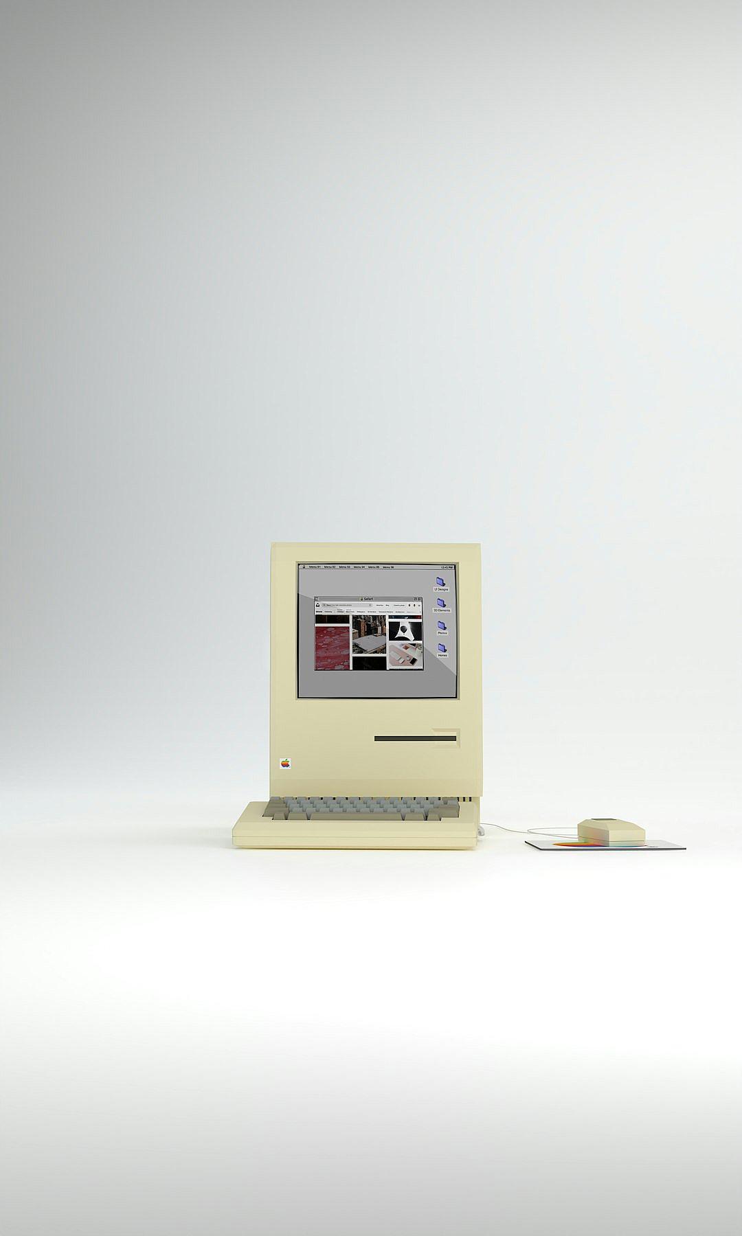 3D rendering of the first Apple Macintosh computer against a white background with studio lighting, featuring a minimalist product design in the style of [Dieter Rams](https://goo.gl/search?artist%20Dieter%20Rams) and Peter Pauert, with a centered composition and high resolution photography showcasing insanely detailed imagery in natural light at high quality.