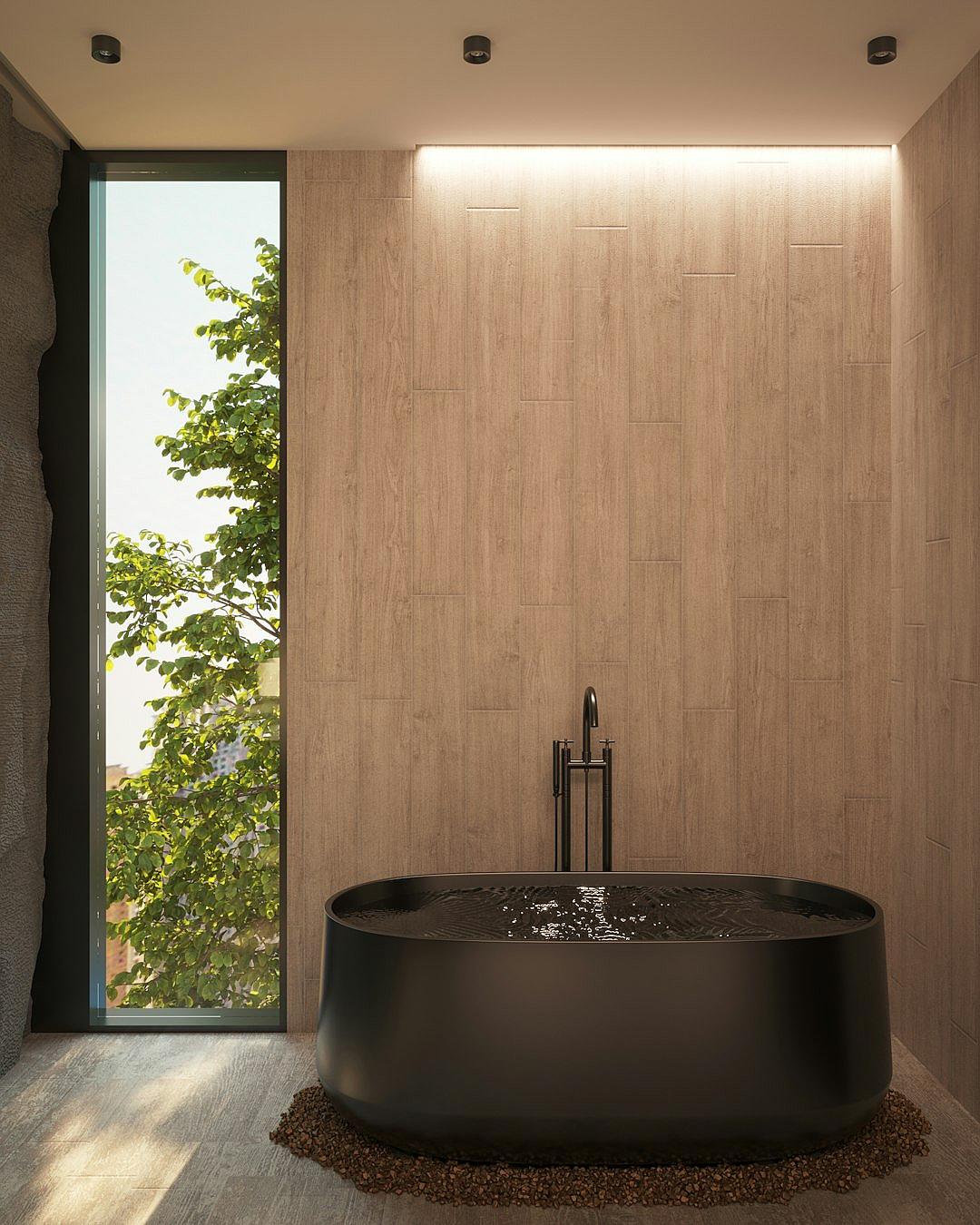 A minimalist modern bathroom with an oval black bathtub, a large window overlooking nature, light wood walls and tiles, a sleek metal faucet, soft lighting from above, a neutral color palette creating a serene atmosphere.