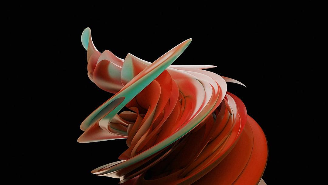 Abstract red and green shapes on a black background, an abstract animal sculpture in the style of [Zaha Hadid](https://goo.gl/search?artist%20Zaha%20Hadid), dynamic lines forming a fluid spiral shape, a playful use of light and shadow, rendered with Cinema4D, biomorphic forms with a playful use of color, vibrant colors in a 3D render with a closeup view.