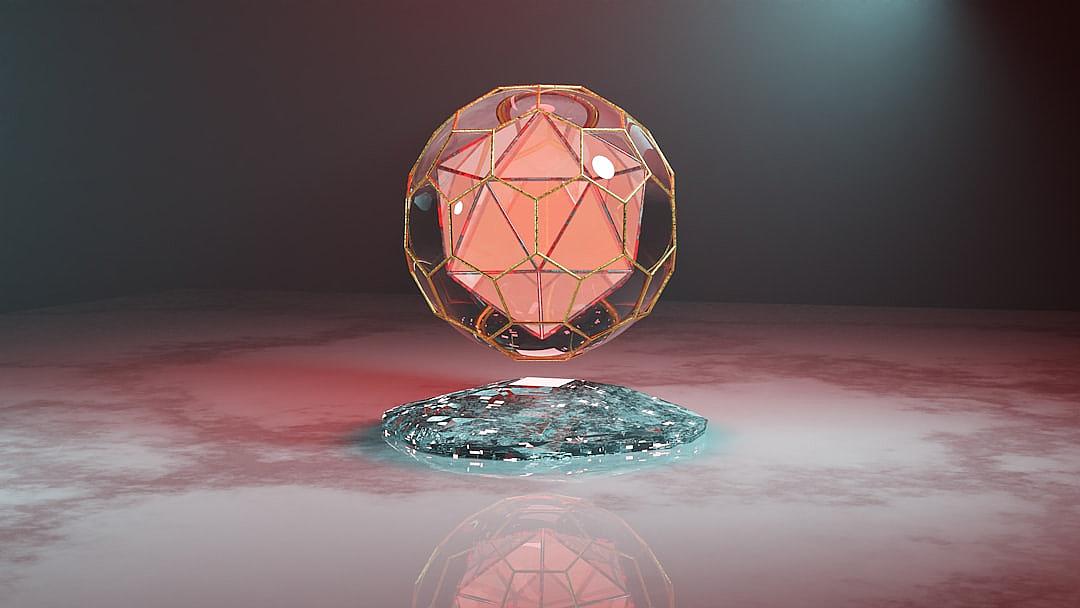 A pink diamond, suspended in the air on top of an ice cube with a dark background, is wrapped around by golden lines. It has a red glow and looks very delicate. The surface features geometric shapes, creating a sense of lightness. In the center there’s a round base made up only of glass material. This is rendered in the style of C4D software, with a matte texture. There was no reflection under it.