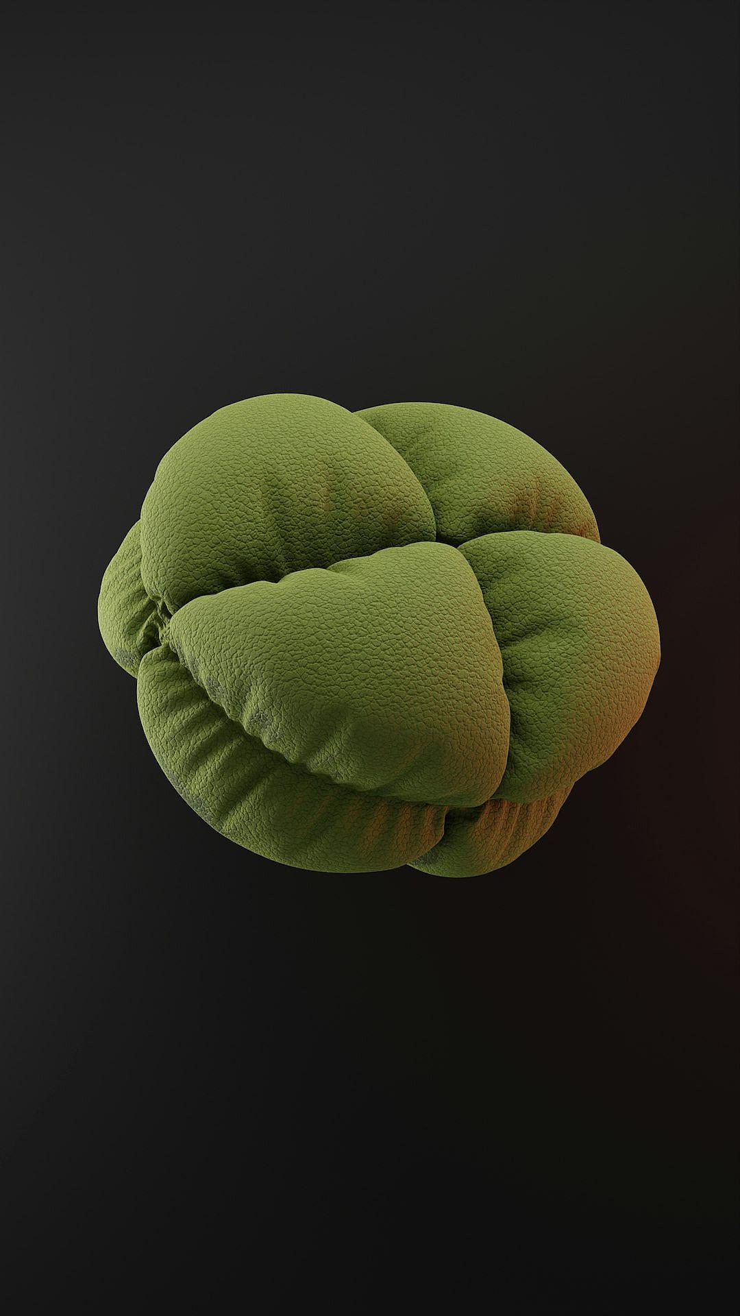 3D render of an abstract green shape that resembles a pillow against a black background, in the style of blender, with space around the edges and a centralized object, using a pastel colour palette.