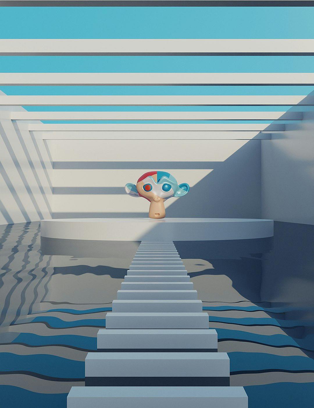 3D cartoon, minimalistic surreal art installation featuring floating blue and white stripes on the ceiling and stairs leading down to water. A little red baby fish character is in the middle of the scene reaching up towards the camera in the style of Pixar, with adorable eyes and lovely soft pastel colors. The scene is viewed from a wide shot angle.